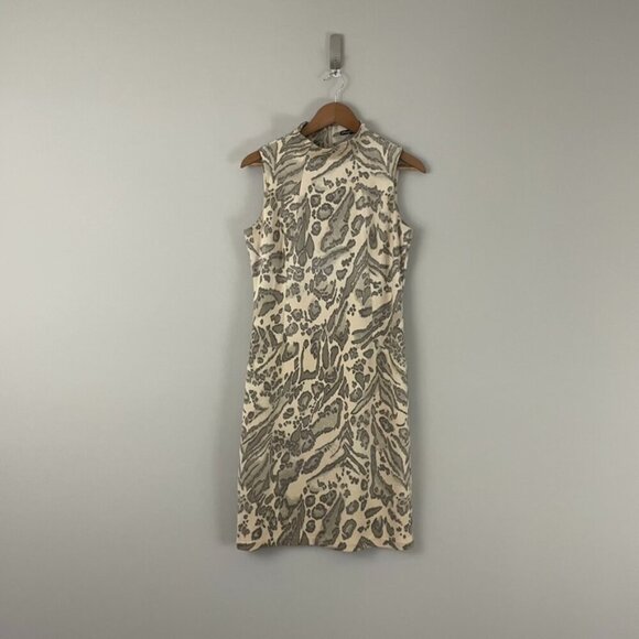 J McLaughlin Liz Neutral Jaguar Print Faux Suede Sheath Dress Size Small - Picture 1 of 6